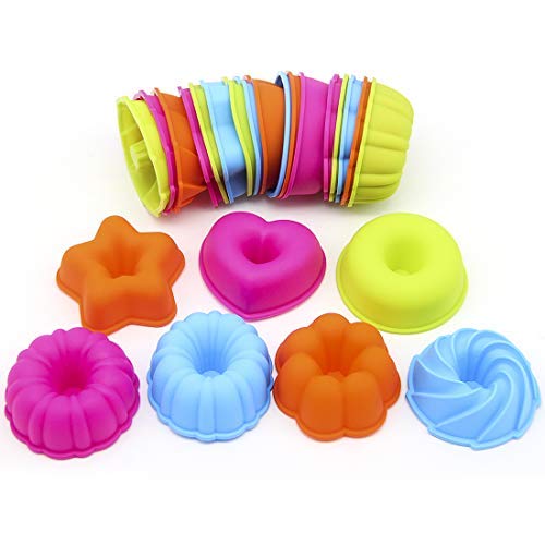 LetGoShop Silicone Molds for Muffin, Reusable Cupcake Liners Donut Pans,Non-stick Baking Cups 6 Shapes,Heart, Stars, Flower, Round, Pumpkin, Spiral 24pcs colorful