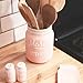 Pink Mason Jar Kitchen Utensil Holder for Kitchen Counter - Rustic Ceramic Utensil Crock for Spoons, Spatulas & Cooking Tools - Farmhouse Decor for Countertop - Unique Vintage Container and Organizer