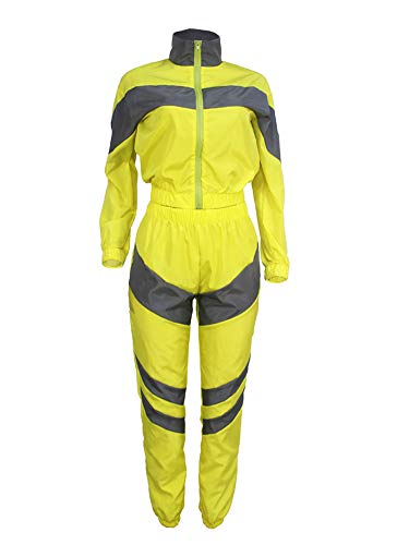 Two Piece Sets for Women - Color Block Zip Up Jacket Tops + Long Pants Activewear Set with Pockets Yellow L