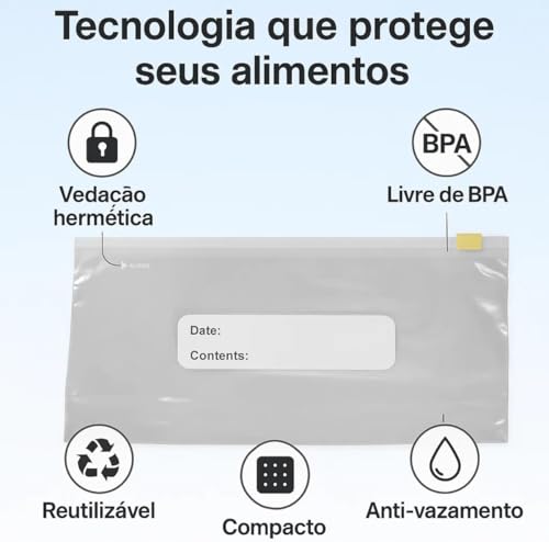 Saco Hermético 20 Unidades Tamanho 20cm x 10cm - Saco Para Congelar Premium, Armazenar e Organizar Alimentos no Freezer e Geladeira com Zip Duplo Reforçado, Reutilizável e Livre de BPA | Livre de BPA, Reutilizável, Vedação Hermética, Anti Vazamento, Zip Reforçado