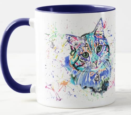 Vixar Cat Blue Feline Pet Watercolour Rainbow Art Coloured Mug Cup Gift Birthday Work Office Christmas Tea Coffee (Navy)