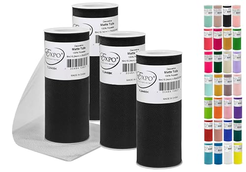 Expo International Decorative Matte Tulle, Lightweight Polyester Tulle Fabric for Tutus, Costumes, and Party Decorations, Washable, Easy-to-Use, 6 Inch x 25 Yards (Pack of 4), Black