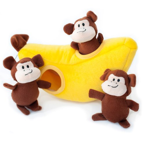 ZippyPaws - Zoo Friends Burrow, Interactive Squeaky Hide and Seek Plush Dog Toy - Monkey 'n Banana (Best Game Of Hide And Seek Ever)