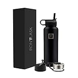 Iron Flask - 64 Oz, 3 Lids, Vacuum Insulated Stainless Steel Water Bottle, Hot & Cold, Wide Mouth, Nalgene, Double Walled, Hydro Canteen, Black