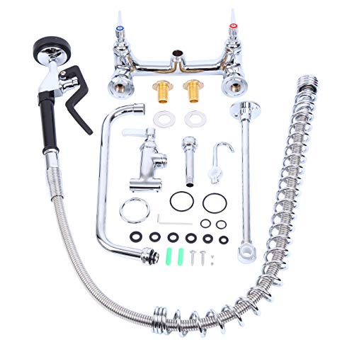 Ridgeyard Commercial Wall Mount Kitchen Sink Faucet Brass Constructed Polished Chrome Pre-Rinse Device 46" Height 8" Center with Coilded Spring Pull Down Sprayer and 12" Add-on Spout - Thumbnail 3