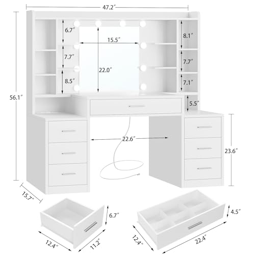 TEENFON 47.2” Large Vanity Desk with 7 Drawers & 15 Open Shelves, Makeup Vanity with 10 LED Lights & Power Outlet, Vanity Desk with Mirror and Lights, Dressing Table for Bedroom, White