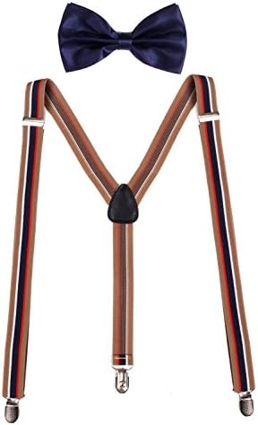 Sunny Ocean Navy Bow Tie and Brown Suspenders for Men Bowtie Navy Brown Stripe