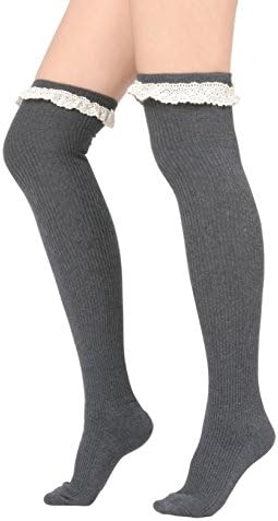 Women Lace Trim Ribbed Cotton Knit Over the Knee High Socks