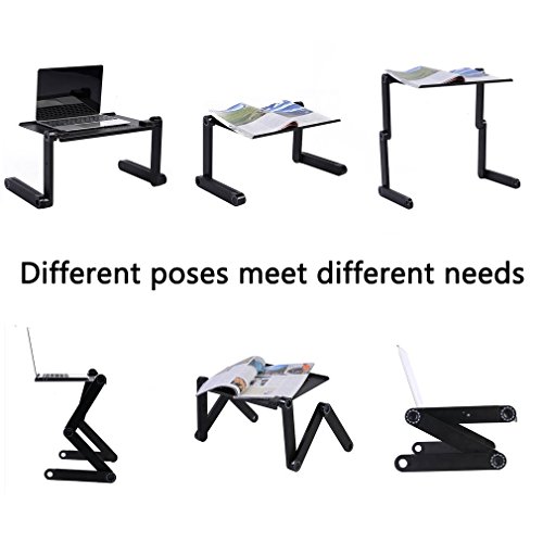 YINXN Adjustable Vented Laptop Desk, Ergonomic Portable Laptop Stand Multi-function TV Bed Lap Tray Office Table Lightweight Aluminum Tray with Side Mount Mouse Pad - Black