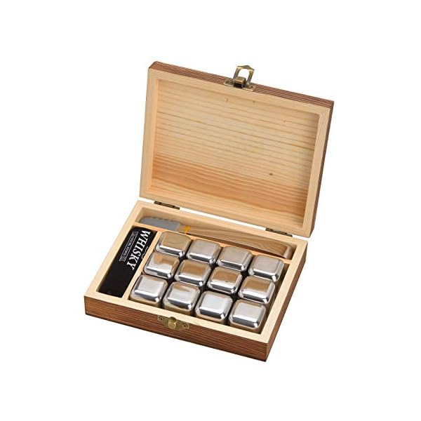WOMA Whisky Steine Set I 12 Edelstahl Kühlwürfel inkl. Zange, Samtbeutel & hochwertiger Holzbox I Wiederverwendbare Eiswürfel für Whiskey Wodka Gin Rum Tequila & Cocktails – Bild 3