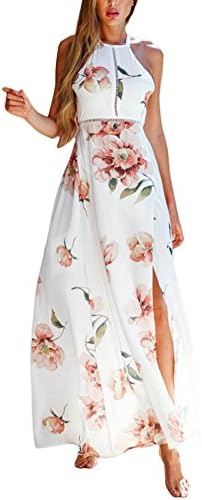 Foyean Women's Halter Backless Maxi Summer Beach Dress Side Split with Special Belt 2602-RDH Large