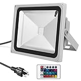 Warmoon Outdoor LED Flood Light, 30W RGB Color Changing Waterproof Security Lights with 3-Prong US Plug & Remote Control
