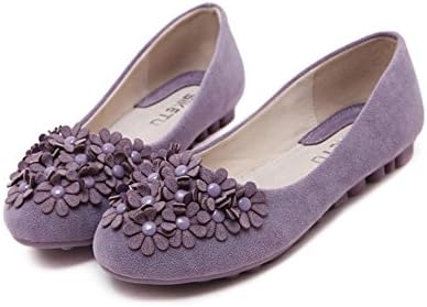 CHFSO Women's Sweet Floral Round Toe Slip On Low Top Solid Suede Flats Shoes Purple 6 B(M) US