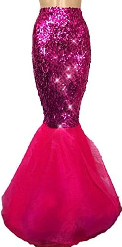 Rachel Charm Women's Mermaid Costume Lingerie Halloween Cosplay Fancy Sequins Long Tail Dress with Asymmetric Mesh Panel (M, Rose red)