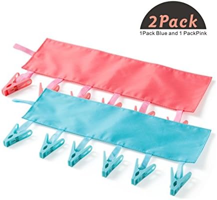 DOUN Bathroom Racks Cloth Hanger Clothespin Travel Portable Folding Cloth Socks Underwear Towels Drying Hanger with 6 Clips (Blue and Pink)