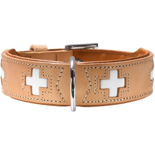 HUNTER Hundehalsband SWISS, hochwertiges Rindsleder, handgenäht, schweizer Kreuz, elegantes Design, angenehm weich, komfortabel, langlebig, Made in Germany, Farbe: natur/beige, Größe: 32