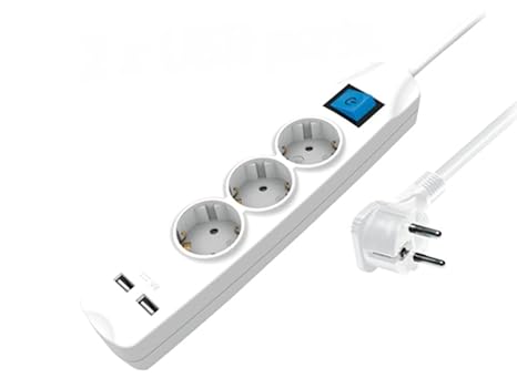 3-fach Steckdosenleiste mit 2 USB-Ladebuchsen und flacher Stecker, mit Schalter Kindersicherung 1,5m weiß