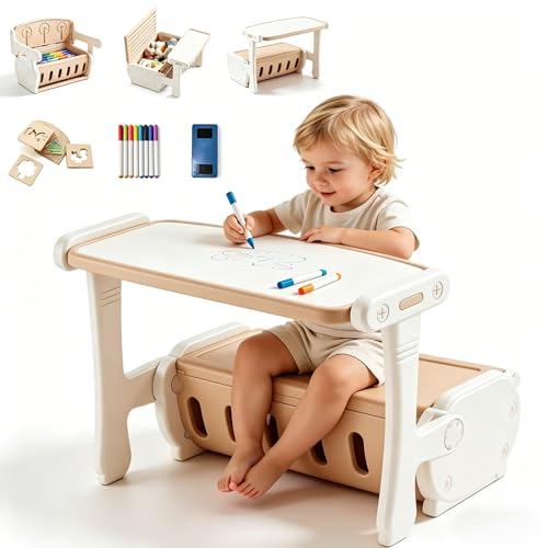 Mesa Multifuncional Para NiñOs,Convertible En Banco Y Caja De Almacenamiento,Mesa De Juguete Con Tablero De Dibujo,Incluye 20 Plantillas de Dibujo,Para Jugar, Dibujar Y Organizar Juguetes En El Hogar