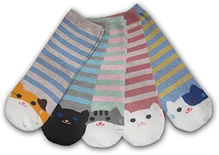 Acyan 5 Pairs Women Socks, Adorable Cartoon Animals Pattern, Low Cut Socks, Cotton Casual Tube Socks(Cat)