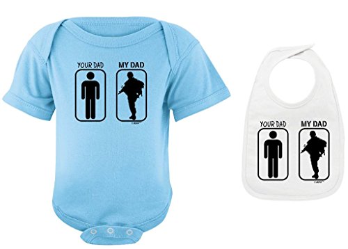 Funny Baby Gifts Your Dad My Dad Soldier Pride Light Blue Bodysuit and White Bib Bundle 12 Months