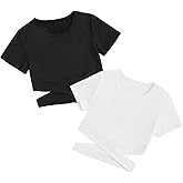 Milumia Girl's 2 Piece Cut Out Crisscross Tee Crop Tops Short Sleeve Round Neck T Shirts