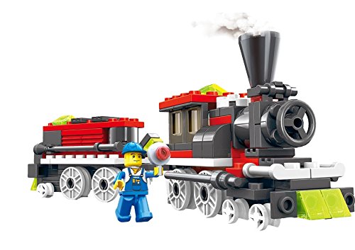 Little Builder Steam Engine Locomotive Train Building Block Set with railway tracks, station master, 136-Pieces