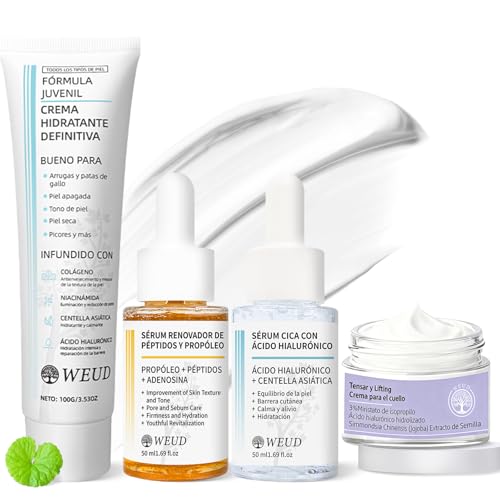 WEUD Skin Care Coreano 4 En 1 Kit, con 1 Crema Hidratante Niacinamida + 1 Crema para Cuello + 1 Serum Centella Asiatica + 1 Serum Péptidos Propóleo, Hidrata, Ilumina, Reduce Líneas Finas y Marcas de Acné
