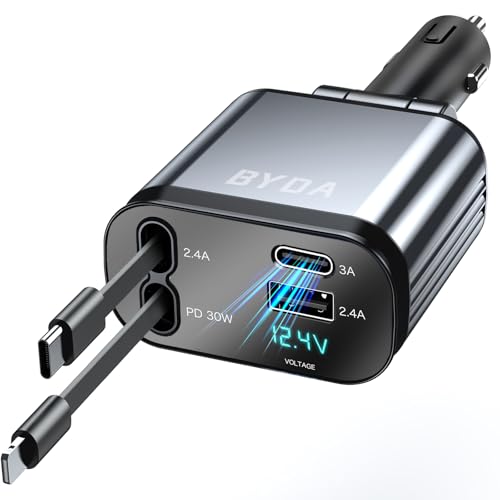 Fast Car Charger,4 in 1 Retractable Car Charger 69W,USB-C Fast Car Accessories,Compatible with iPhone16/15/14-8 etc & Android Phones (forLightning+USB-C & No Starry)