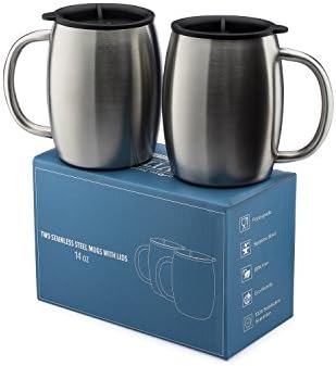 Avito Stainless Steel Coffee Mugs With Lids - 14 Oz Double Walled Insulated Coffee Beer Mugs - Set Of 2 By - BPA Free Healthy Choice - Shatterproof And Spill Resistant