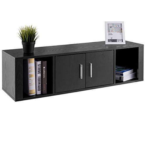 WATERJOY Wall Mounted Hanging Floating Desk Hutch Storage Cabinet Shelves Media Storage Display Hutch, Home Office Furniture, Black