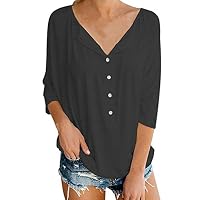 Riverdalin Women Plus Size Tee Shirts V Neck 3/4 Sleeve Button Up Loose Tunic Tops Blouses Black