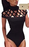 Angashion Women Sexy Sheer Caged Short Sleeve Bodysuit Jumpsuit Clubwear Tops,Black,US 4/Tag M