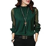 Moore Womens Casual Chiffon Ladies Round Neck Long Sleeve Blouse Tops (XXL, Green)