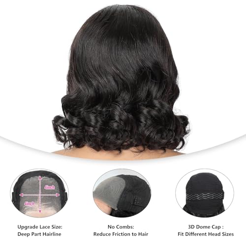 Human Hair Wig Glueless Wear and Go 4x4 Pre Cut Lace Front Body Wave Wig Brazilian Straight Bob Pre Plucked Brazilian Natural Hairline for Women 180% Density 16 inch (40cm)