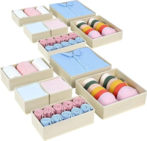 Homsorout 12 Pack Closet Organizer, Drawers, Foldable Fabric Storage Box, Underwear Organizer, Wardrobe Organizer for Clothes, Socks, Beige