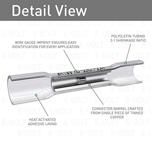 E-VOLT 300 PC Butt Connectors - Weather Resistant Heat Shrink Butt Splicer Terminals for 26 - 24 AWG Wire - Industrial Grade Bulk Insulated Crimp Connectors for Marine, Audio and Automotive