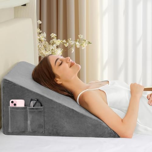 Wedge Pillow for Sleeping, 8 inch Bed Wedge Pillow, Elevated Body Pillow for Back Support, Acid Reflux, Leg, Neck Pain, Snoring, Triangle Pillow - Cooling Memory Foam Top (Grey)