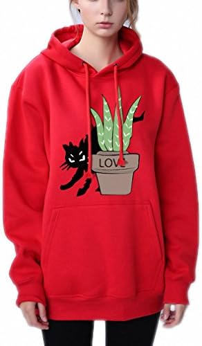 women sweatshirt Lovely Aloe Flower Pots Hoodies Black cat Printed pullovers Ladies thick Keep warm Harajuku hoodie Red L
