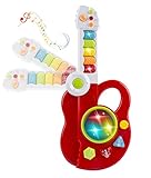 Toy Guitar 3-in-1 Musical Toy Guitar,Keyboard,Jazz Drum 3D Light Toy for Kids Musical Instrument Playset w/ Music, Lights (Red)