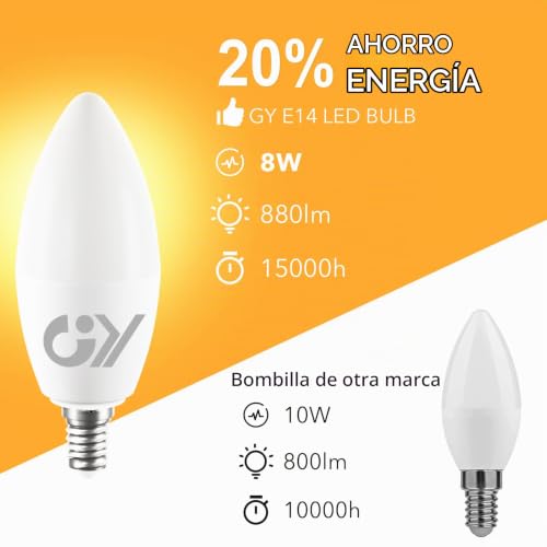 GY E14 LED Bulb Warm White 8W 3000K 880 Lumens, E14 LED C37 Candle Bulbs with Fine Thread, Not Dimmable – Class C Low Consumption, 12 Pieces