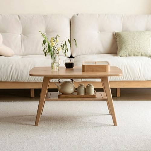 YESWOOD Solid Oak Coffee Table, Living Room Table with Storage 2 Levels, Solid Wood Coffee Table Ideal for Living Room, 80 x 50 x 44 cm, Natural Oak