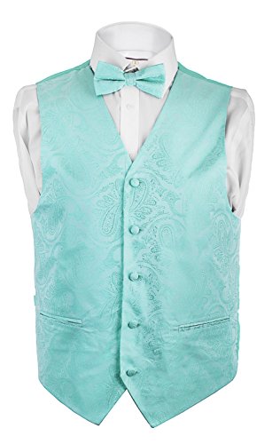 Men's Dress Vest Paisley Design 4pc Set Vest / Tie / Hanky / Bow Tie/ Multi Colors (Large, Mint Green)