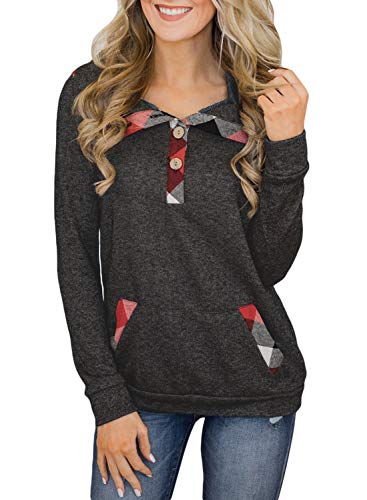 FIYOTE Women Long Sleeve V Neck Button Up Casual Sweatshirt Tops with Pockets X-Large Size Grey