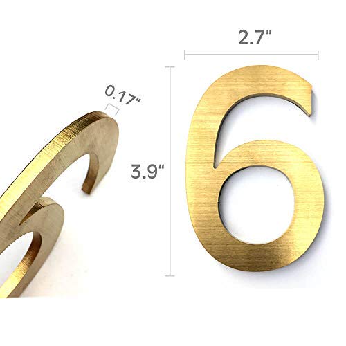4 Inch Adhesive House Address Number Sticker 6 for Home Door Mailbox in 3D Modern Gold Metal by CandyCoCo