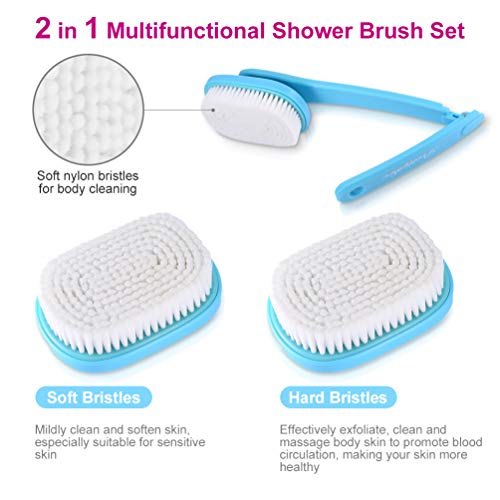 PRETTY SEE Back Brush, 2 in 1 Bath Brush Foldable Long Handle for Shower,Brush Back Scrubber Body Brush with Hard and Soft Bristles (2 Pack), Blue - Thumbnail 2