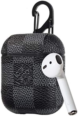 Fit for AirPods Wireless Headphone Charging Cases,New Luxury Designer PU Leather Fashion Graphic Style Full Protective Case Cover for Apple Airpods with Hook Grips(Black)