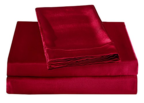 Honeymoon Luxury Satin Bed Sheet Set, Ultra Silky Soft, King - Red