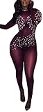 Women's Sexy Mesh See Through Rhinestone Bodycon Clubwear Jumpsuit Romper Wine M