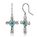 Chuvora 925 Oxidized Sterling Silver Filigree Cross Simulated Turquoise Stone Dangle Hook Earrings 1.3