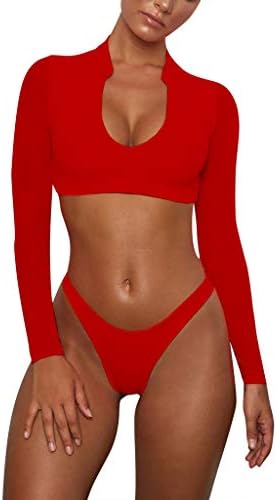 TANLANG Women New Rash Guard High Collar Long Sleeve Mesh Bathing Suits High Waist Thong Bikini 2 Piece Sporty Swimwuit